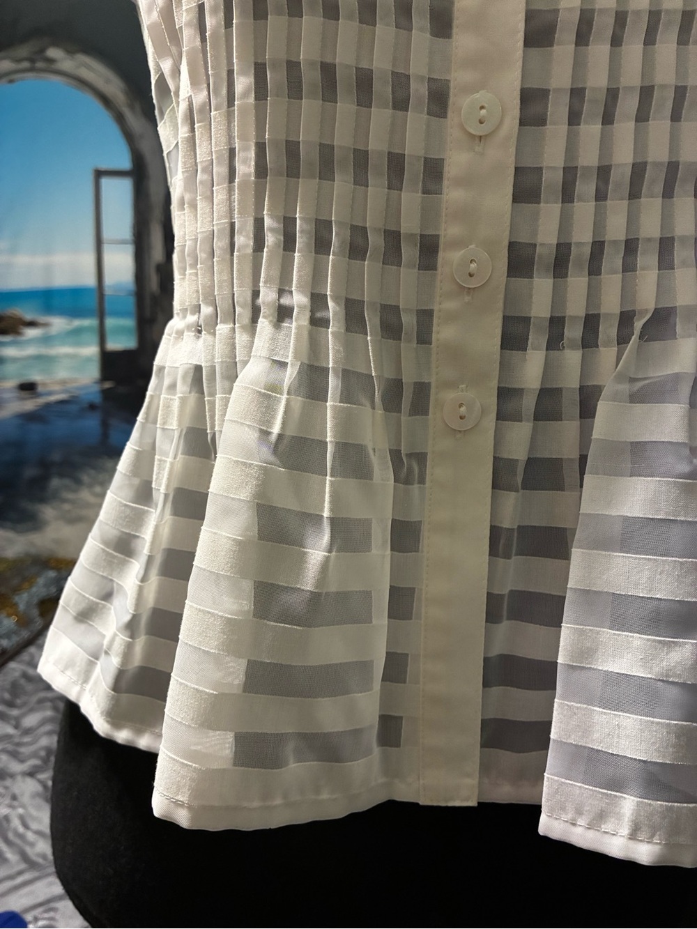 #444|NWT Cynthia Steffe Cream cap sleeve pin tucked Blouse w/ Mandarin Collar - Picture 4 of 10